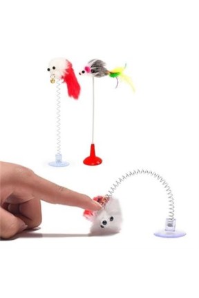 BUFFER® 2li Vantuzlu Fareli Tüylü Hareketli Çanlı ve Esneyen Eğlenceli Peluş Kedi Oyuncağı