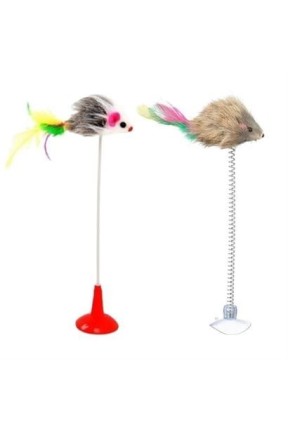 BUFFER® 2li Vantuzlu Fareli Tüylü Hareketli Çanlı ve Esneyen Eğlenceli Peluş Kedi Oyuncağı