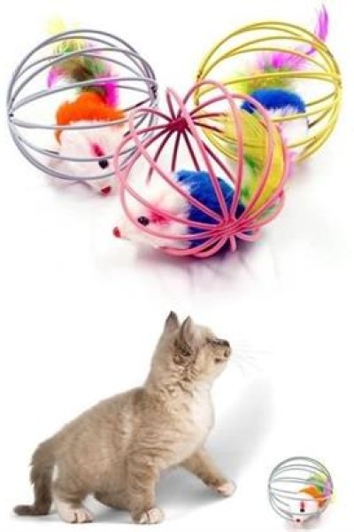 BUFFER® Renkli Metal Kafesli Peluş Fareli Kedi Köpek Oyuncağı Oyun Topu 6 cm BUFFER® Renkli Metal Kafesli Peluş Fareli Kedi Köpek Oyuncağı Oyun Topu 6 cm